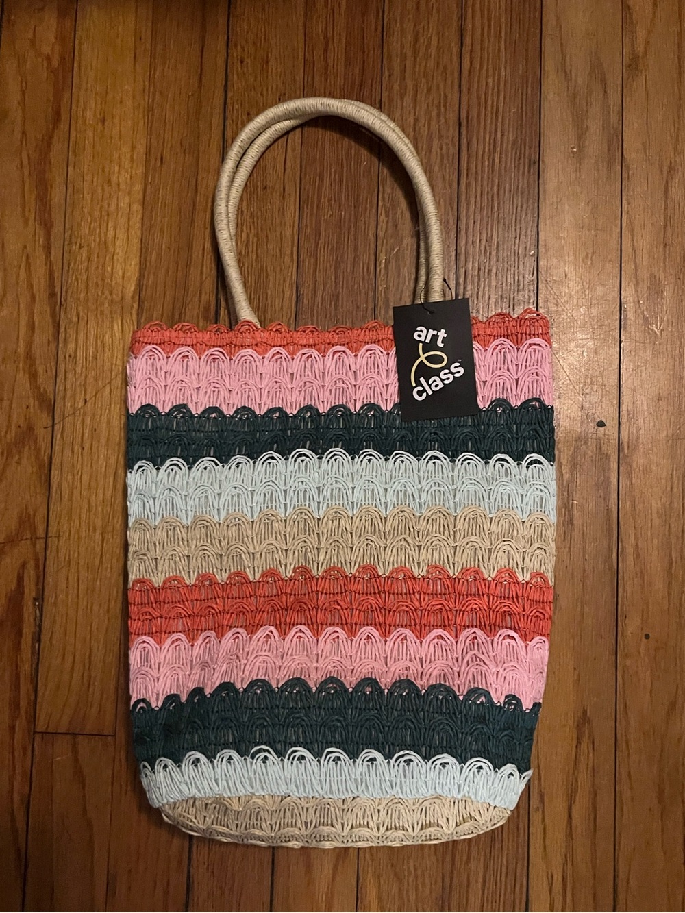 art class Woven Stripe Tote - Pink, Coral, Black & Tan